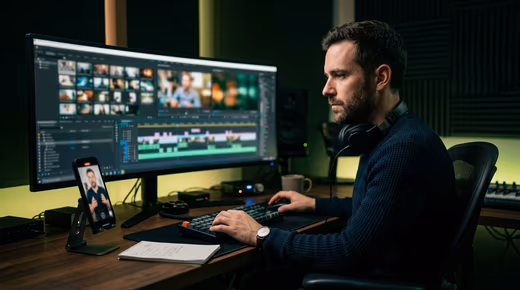 Monteur vidéo dans une salle de montage sombre, timeline à l’écran et smartphone vertical posé sur un support