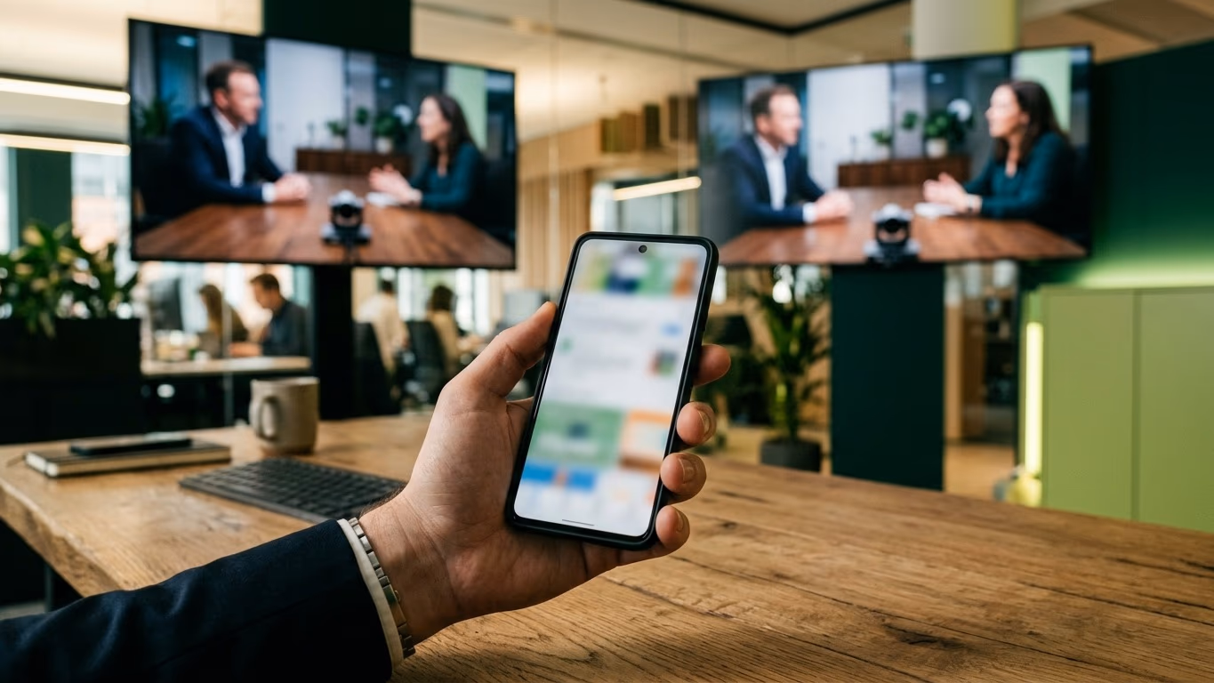 Main tenant un smartphone au fil flou au-dessus d'un bureau en bois, deux écrans diffusant une interview filmée derrière