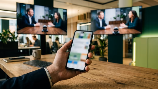 Main tenant un smartphone au fil flou au-dessus d'un bureau en bois, deux écrans diffusant une interview filmée derrière
