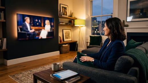 Femme en blazer dans son salon regardant une interview filmée sur un grand téléviseur, tablette sur la table basse