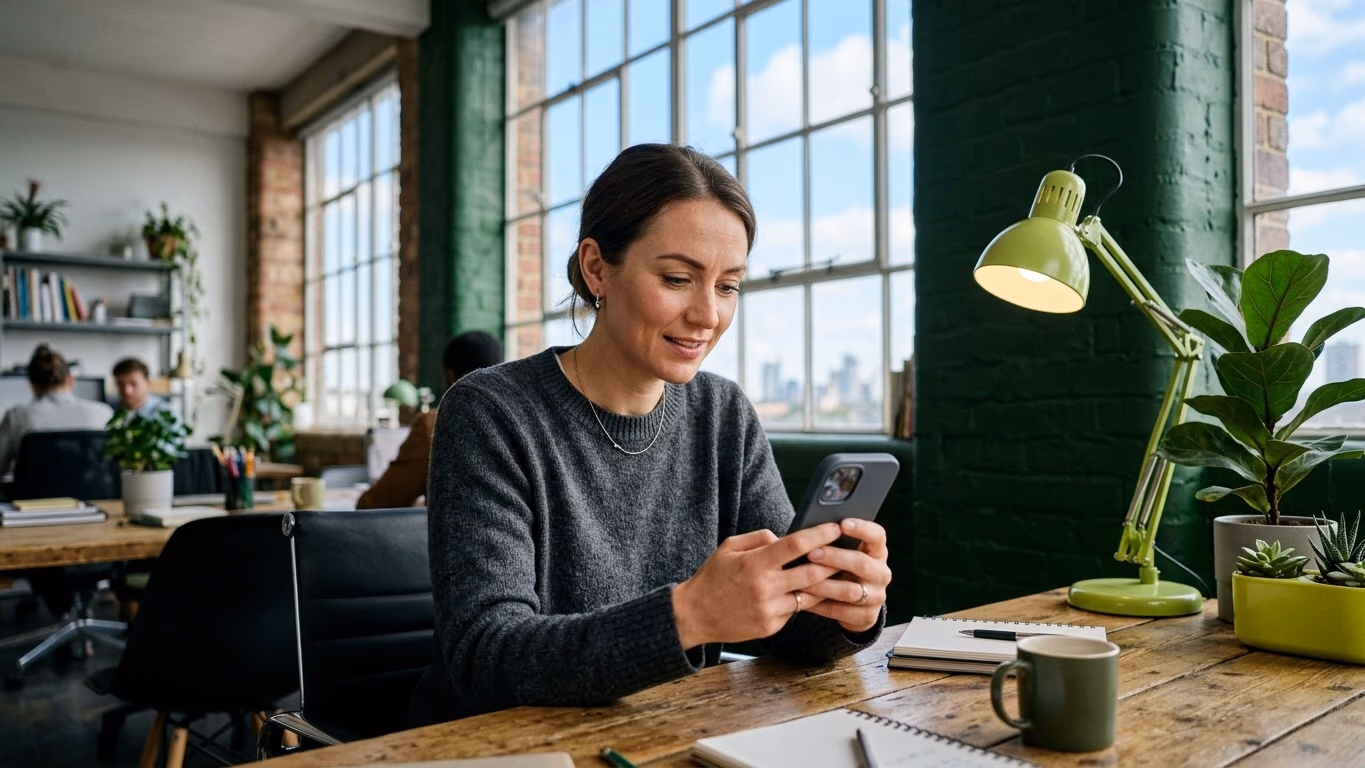 Femme souriante qui consulte son smartphone dans un bureau-atelier lumineux, mur vert, lampe vert citron, verrière