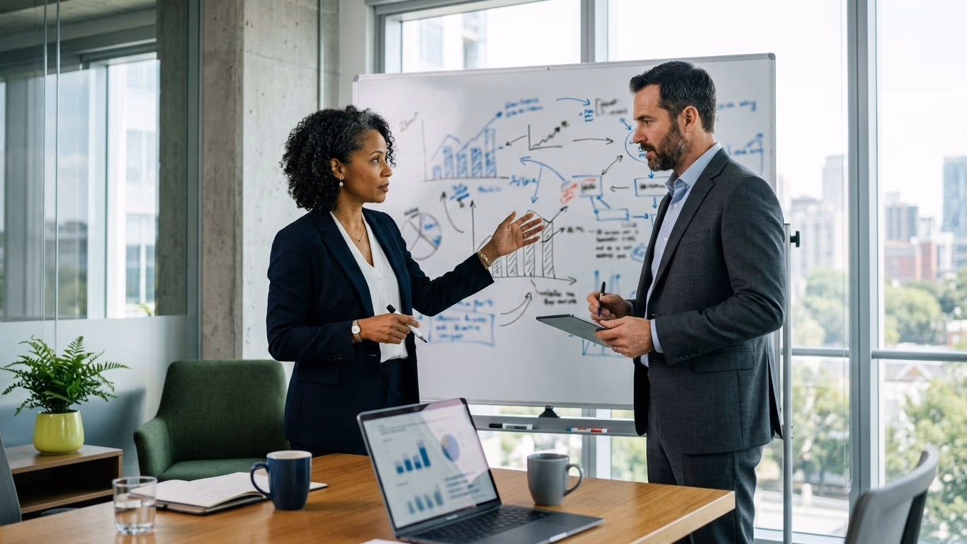 Une directrice financière et un directeur marketing discutent devant un tableau blanc couvert de graphiques
