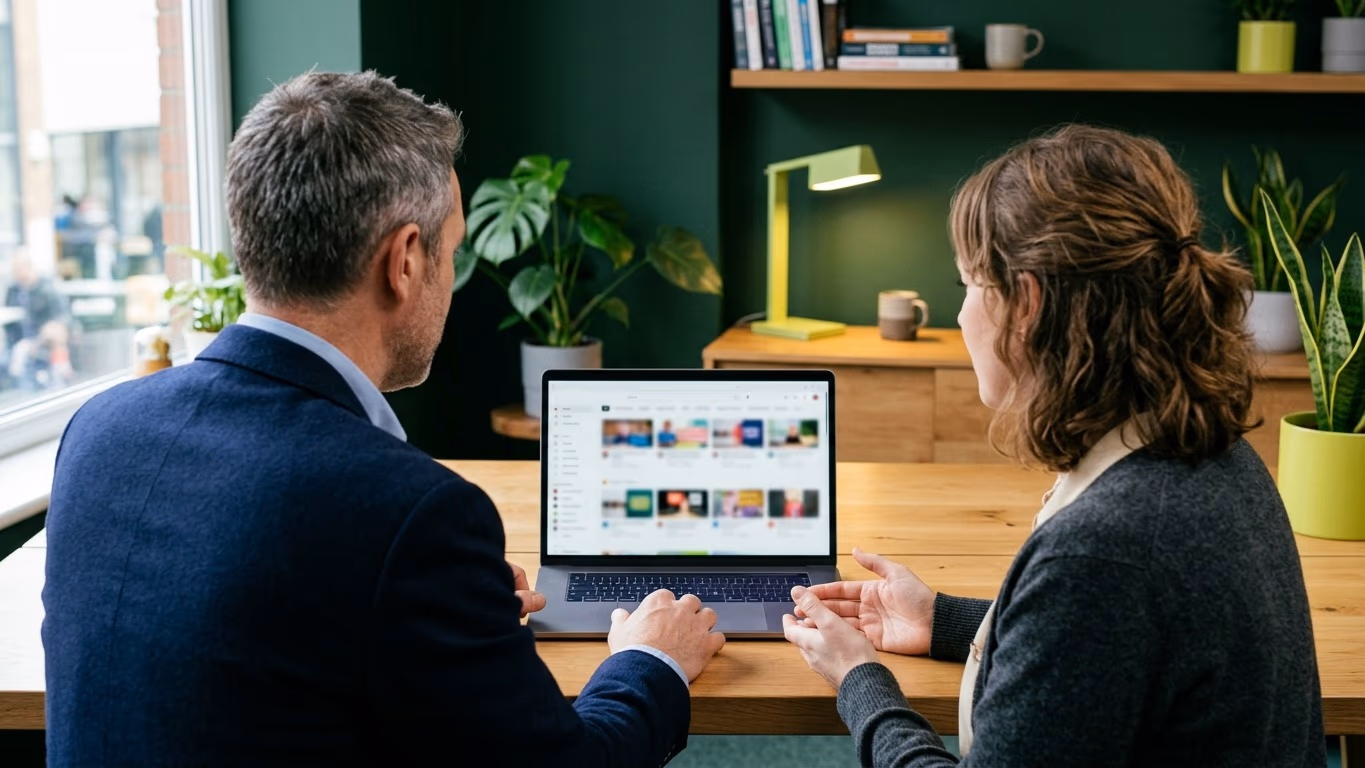 Vus de dos, un dirigeant et une collègue regardent une page de chaîne vidéo floue sur un ordinateur portable