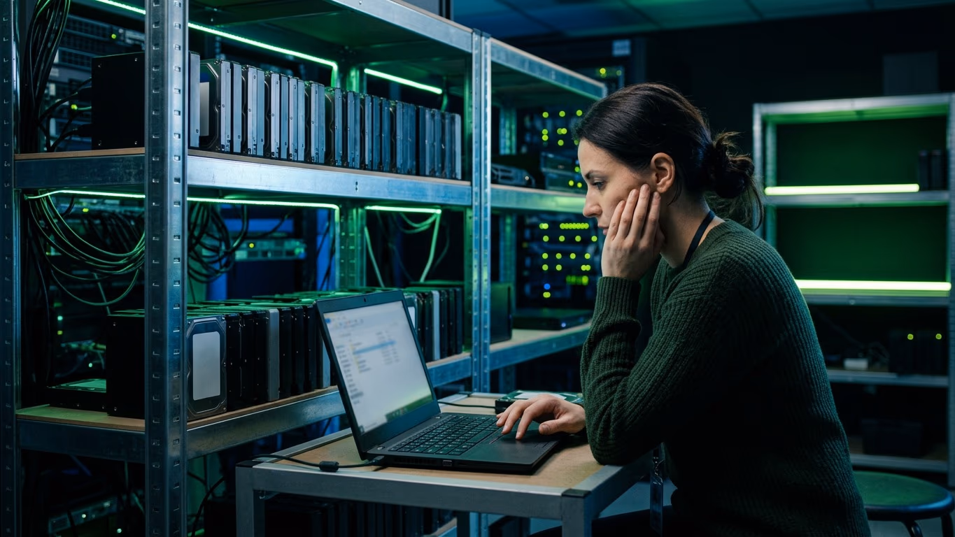 Une technicienne en pull vert vérifie une sauvegarde sur un ordinateur portable, devant des étagères de disques durs