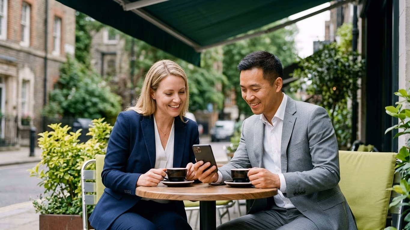 Femme en blazer marine et homme en costume gris regardent un smartphone, cafés en main, en terrasse sous un store vert