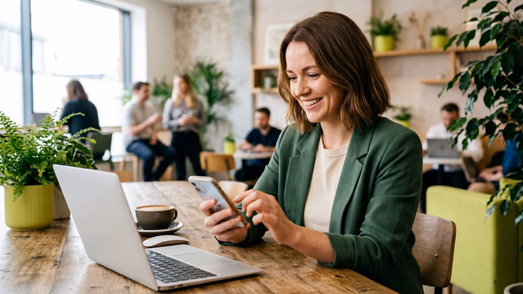 Consultante souriante en veste verte tapant sur son smartphone à une table en bois, dans un espace de coworking