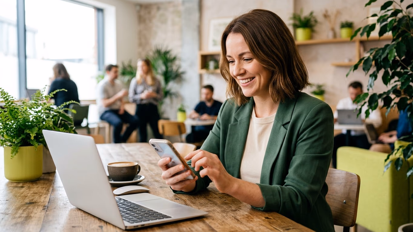 Consultante souriante en veste verte tapant sur son smartphone à une table en bois, dans un espace de coworking