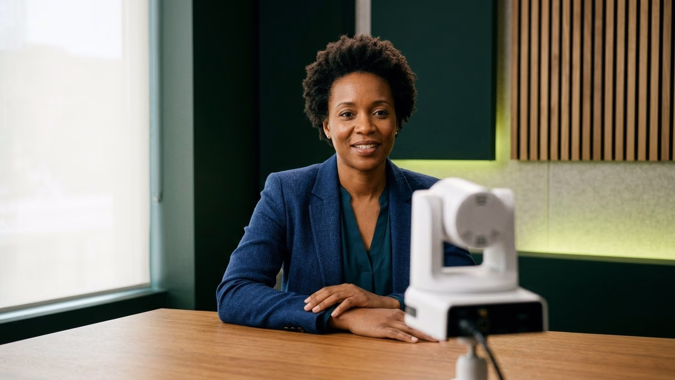 Entrepreneure en veste bleue face à une caméra PTZ blanche, dans un studio vert profond éclairé de vert citron