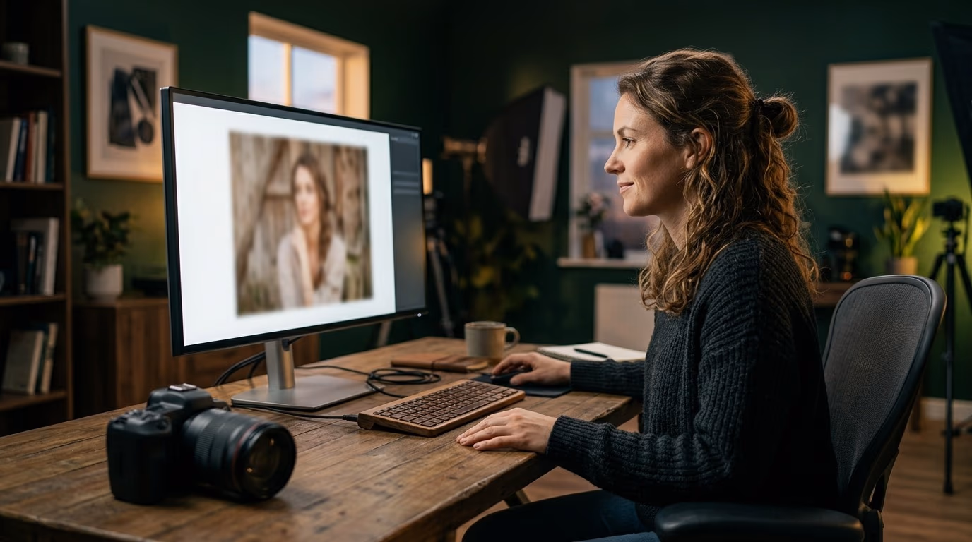 Une photographe examine un portrait flou sur un grand écran, appareil photo au premier plan, murs vert profond