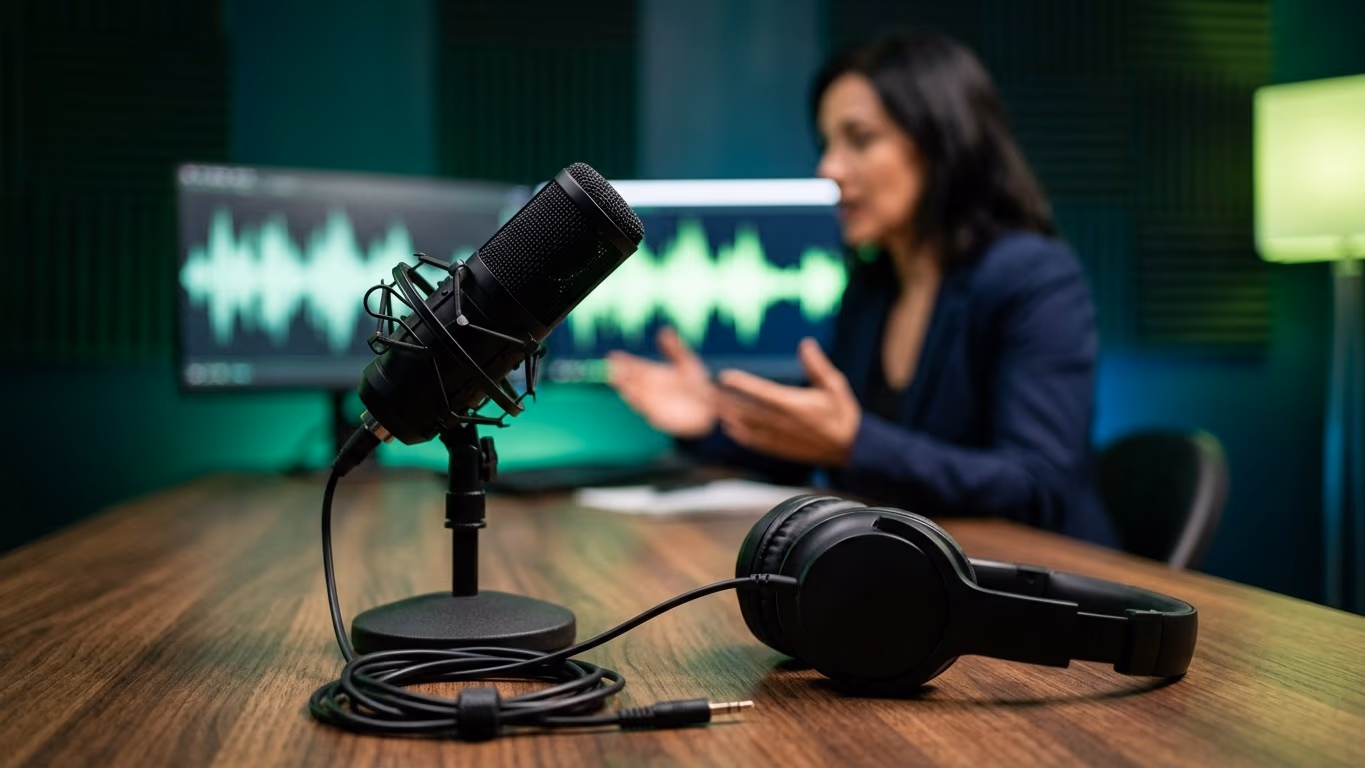 Micro de studio et casque sur une table en bois, intervenante floue qui parle devant des écrans à l'onde sonore verte