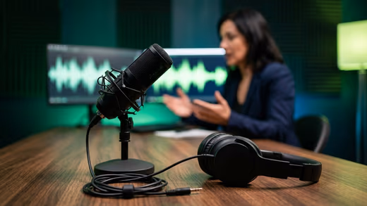 Micro de studio et casque sur une table en bois, intervenante floue qui parle devant des écrans à l'onde sonore verte