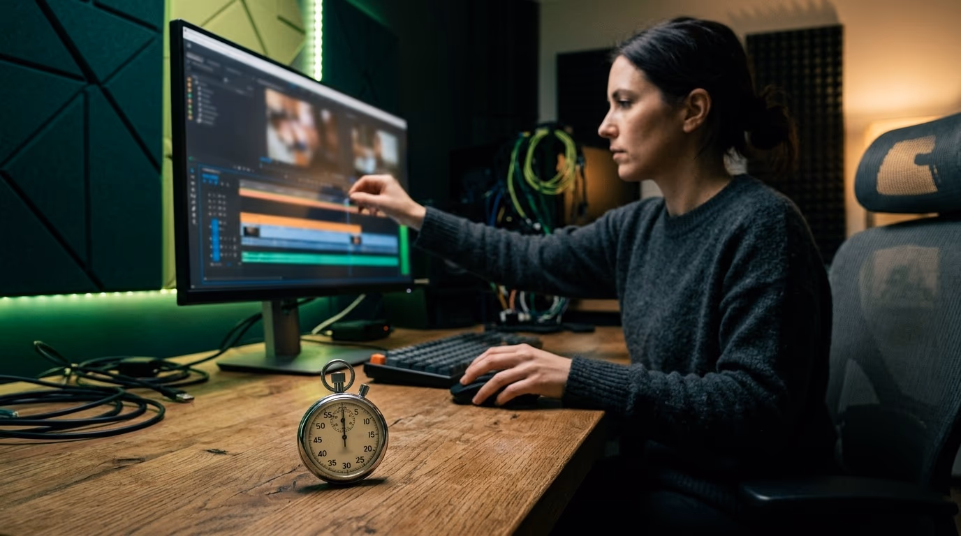 Monteuse en pull gris qui ajuste une séquence sur la timeline d’un écran de montage, chronomètre sur le bureau