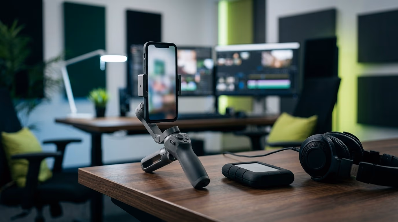 Smartphone sur une poignée stabilisatrice, posé sur un bureau de montage près d'un disque dur et d'un casque, écrans flous