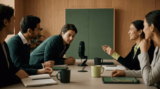 Cinq collègues autour d'une table de réunion, un micro posé au centre, devant un panneau acoustique vert
