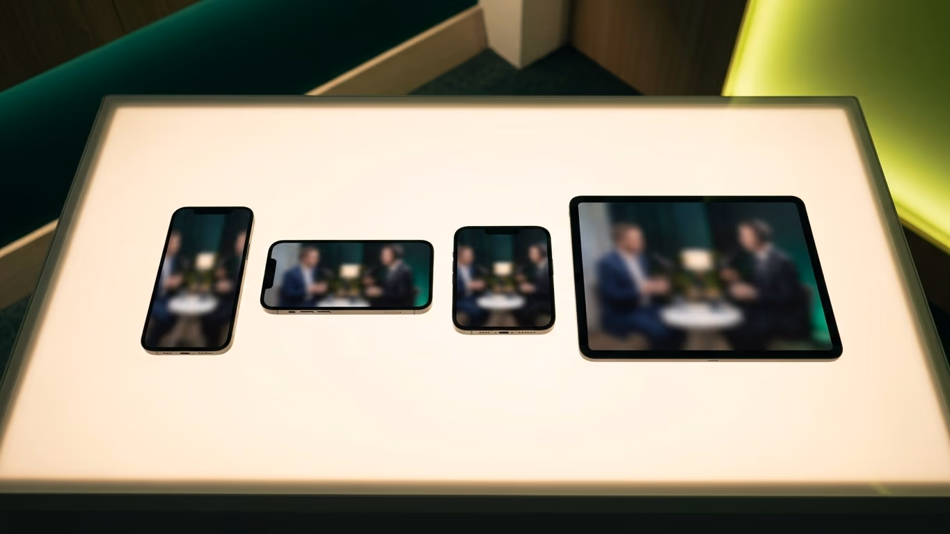 Table lumineuse où trois smartphones et une tablette montrent, flou, le même entretien filmé, sous des lumières vertes