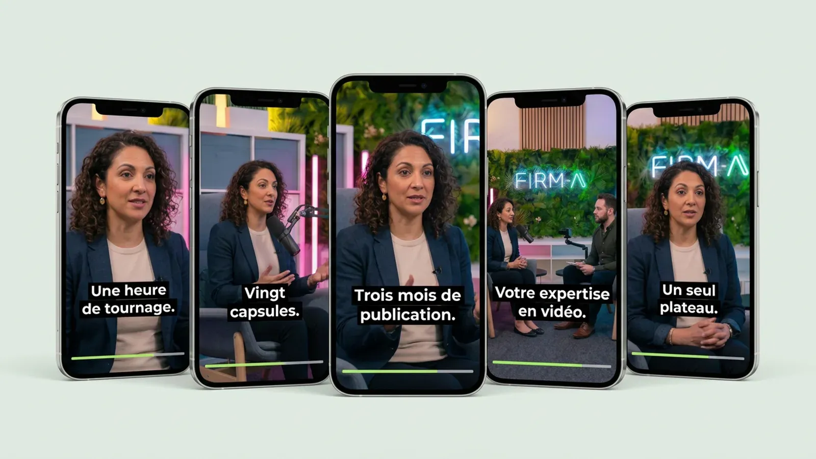 Illustration : cinq smartphones montrant des capsules verticales sous-titrées tirées du même tournage