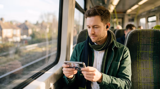 Jeune homme en veste verte et écouteurs regardant un podcast vidéo sur son smartphone dans un train de banlieue