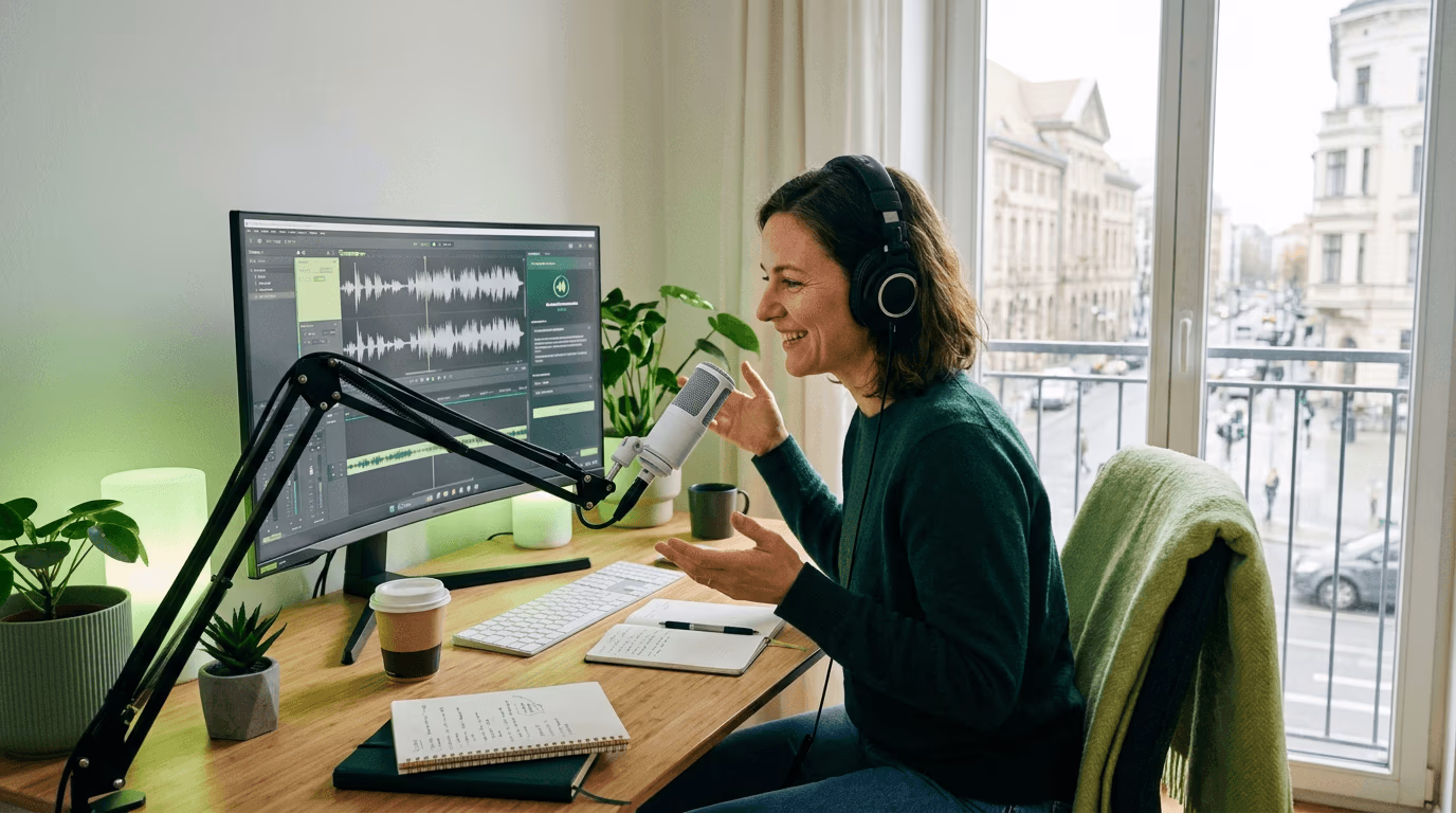 Femme au casque parlant dans un micro sur bras devant un écran de montage audio, dans un bureau lumineux