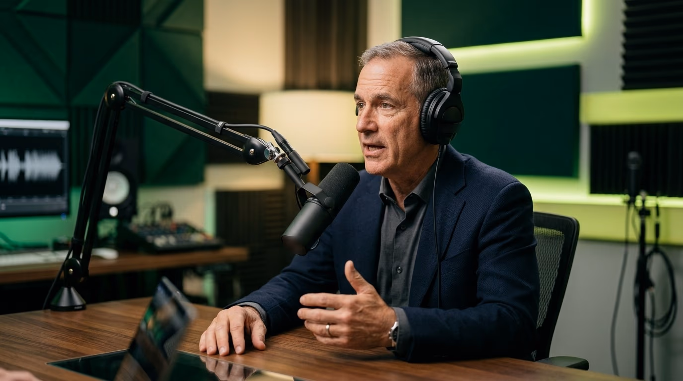 Dirigeant au casque qui parle au micro dans un studio aux panneaux acoustiques vert profond et vert citron