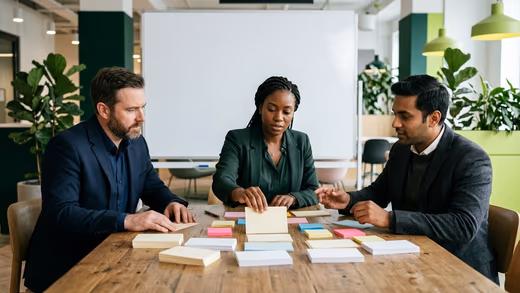 Trois collègues trient des fiches et des post-it vierges sur une table en bois, devant un tableau blanc
