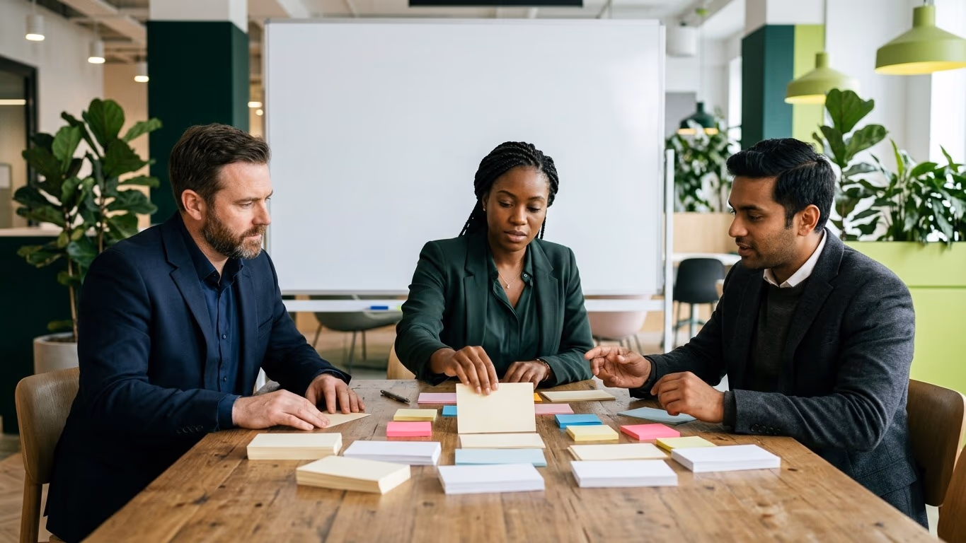 Trois collègues trient des fiches et des post-it vierges sur une table en bois, devant un tableau blanc