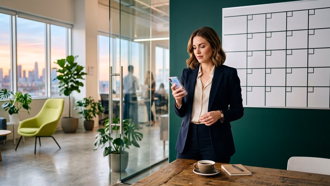 Une femme en blazer consulte son smartphone devant un calendrier mural vierge sur un mur vert profond, café sur la table
