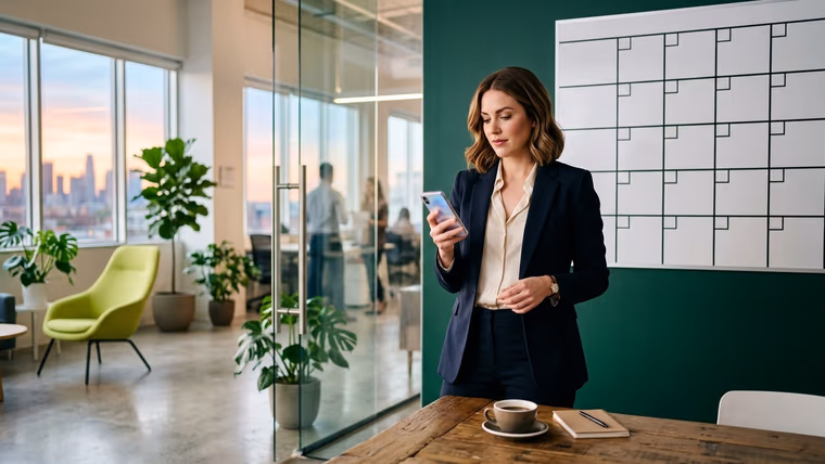 Une femme en blazer consulte son smartphone devant un calendrier mural vierge sur un mur vert profond, café sur la table