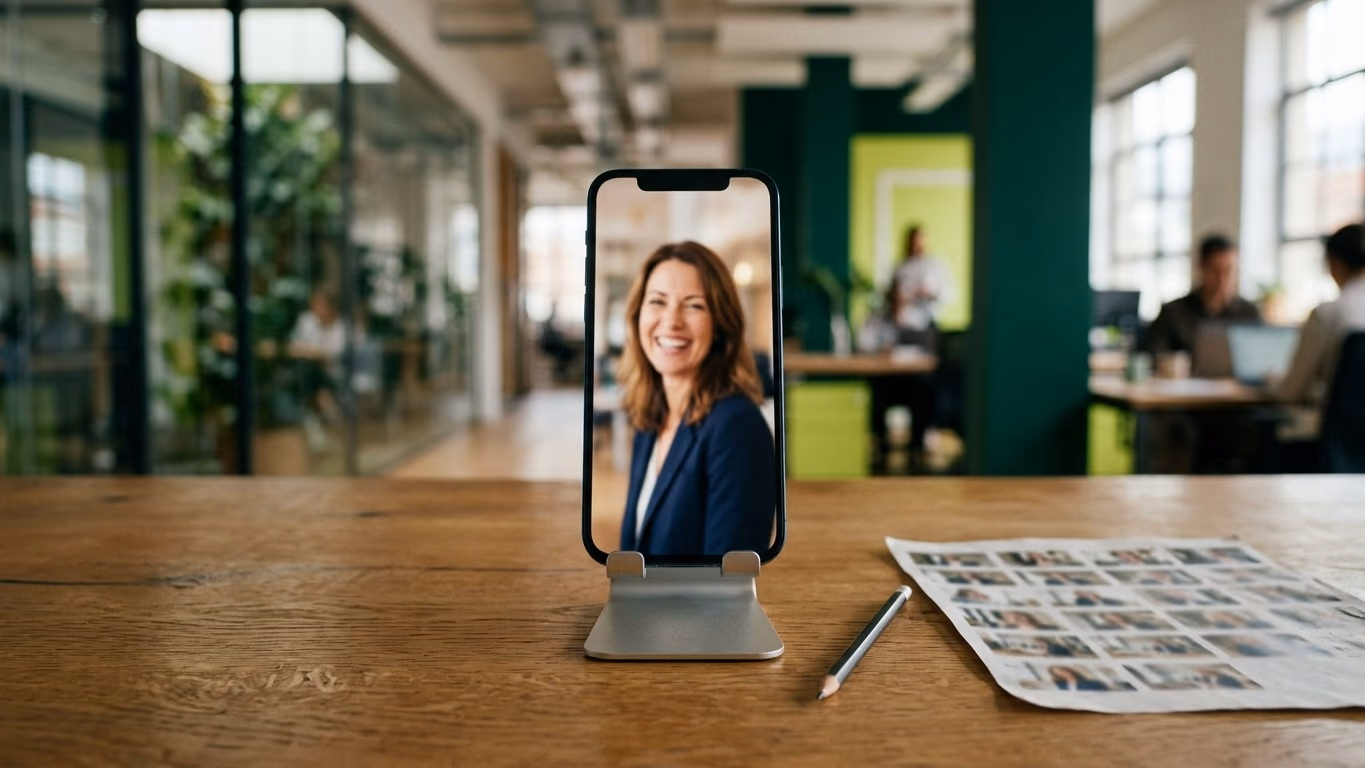 Smartphone sur un support affichant une femme souriante, près d’une planche de vignettes imprimées