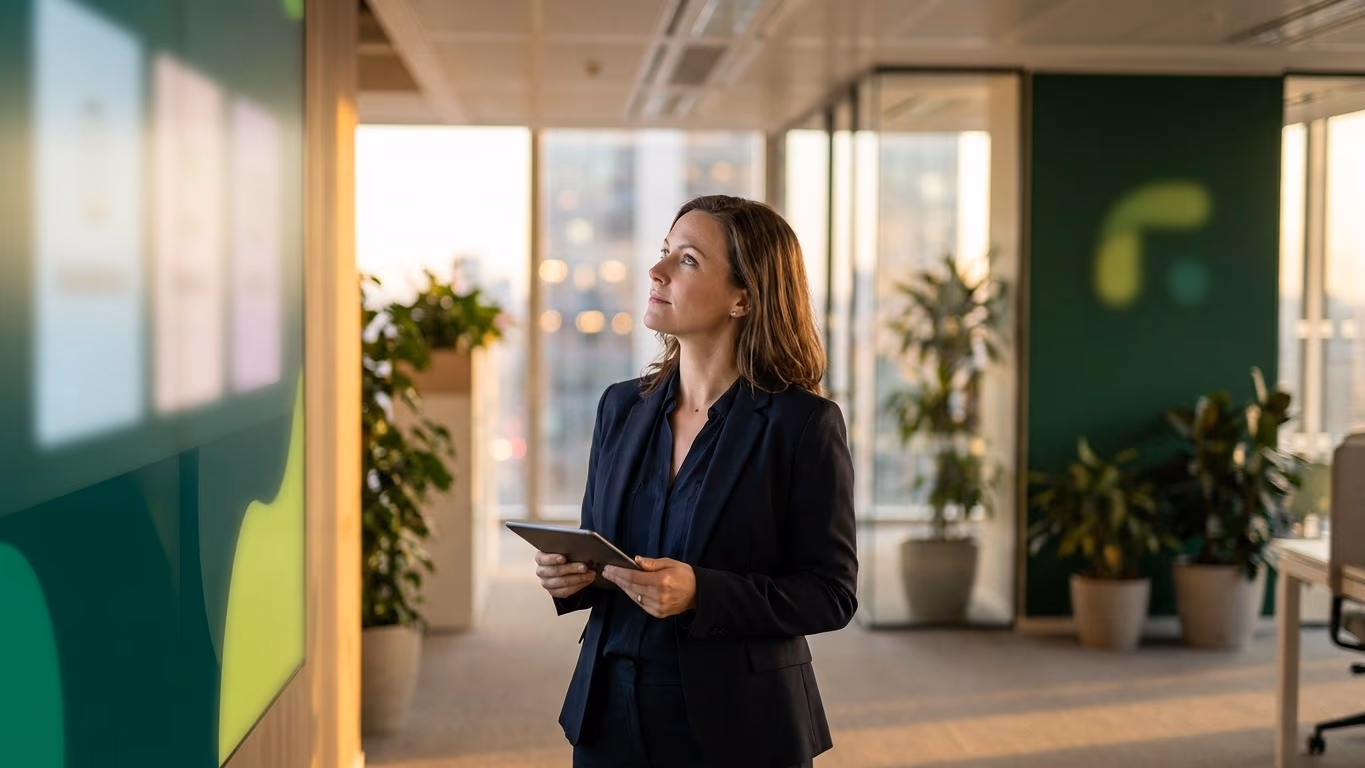 Une responsable marketing, tablette en main, regarde un écran flou aux teintes vertes dans un bureau au soleil couchant