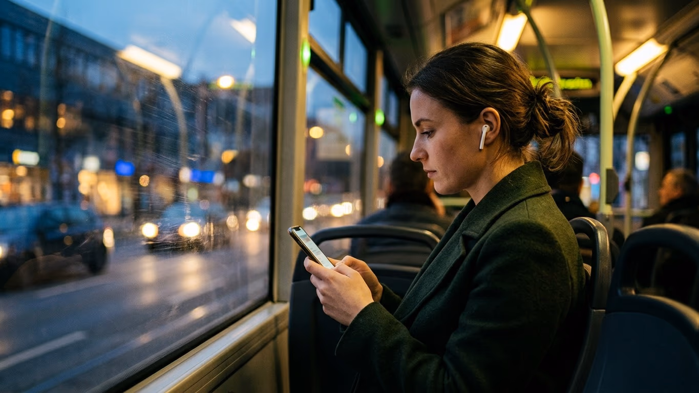 Passagère en manteau vert et écouteurs regardant son smartphone dans un bus, lumières de la ville à la tombée du jour
