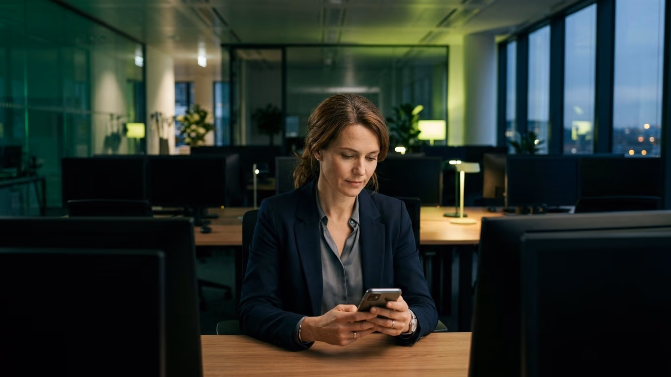 Une manager consulte son smartphone à son bureau, dans un open space au crépuscule aux écrans éteints et lampes vertes