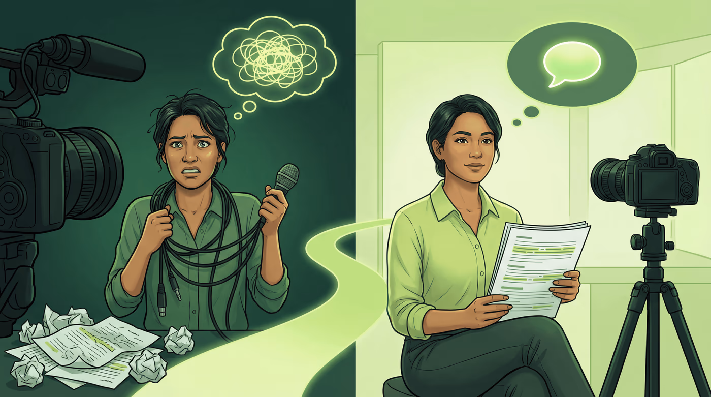 Illustration : une femme stressée, emmêlée dans des câbles face à la caméra, puis sereine avec ses notes préparées
