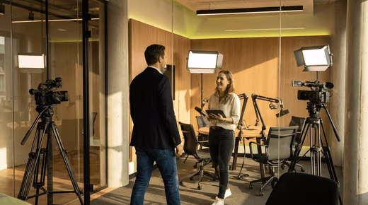 Homme en costume et femme à la tablette dans une salle vitrée équipée de deux caméras, de panneaux LED et de micros