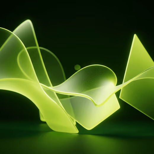 Formes translucides vert anis qui ondulent et se croisent sur un fond noir, dans une lumière douce