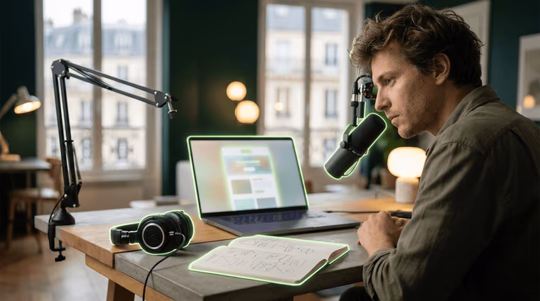 Un homme parle au micro devant un ordinateur portable, casque et carnet de croquis posés sur une table en bois