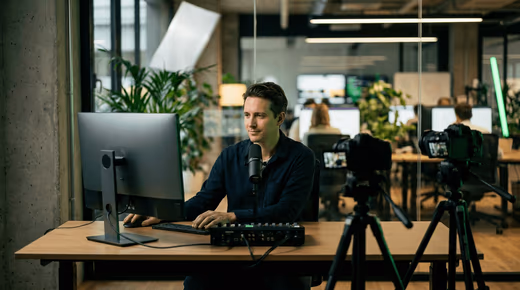 Homme au micro devant un écran et une console audio, filmé par deux caméras dans un open space lumineux