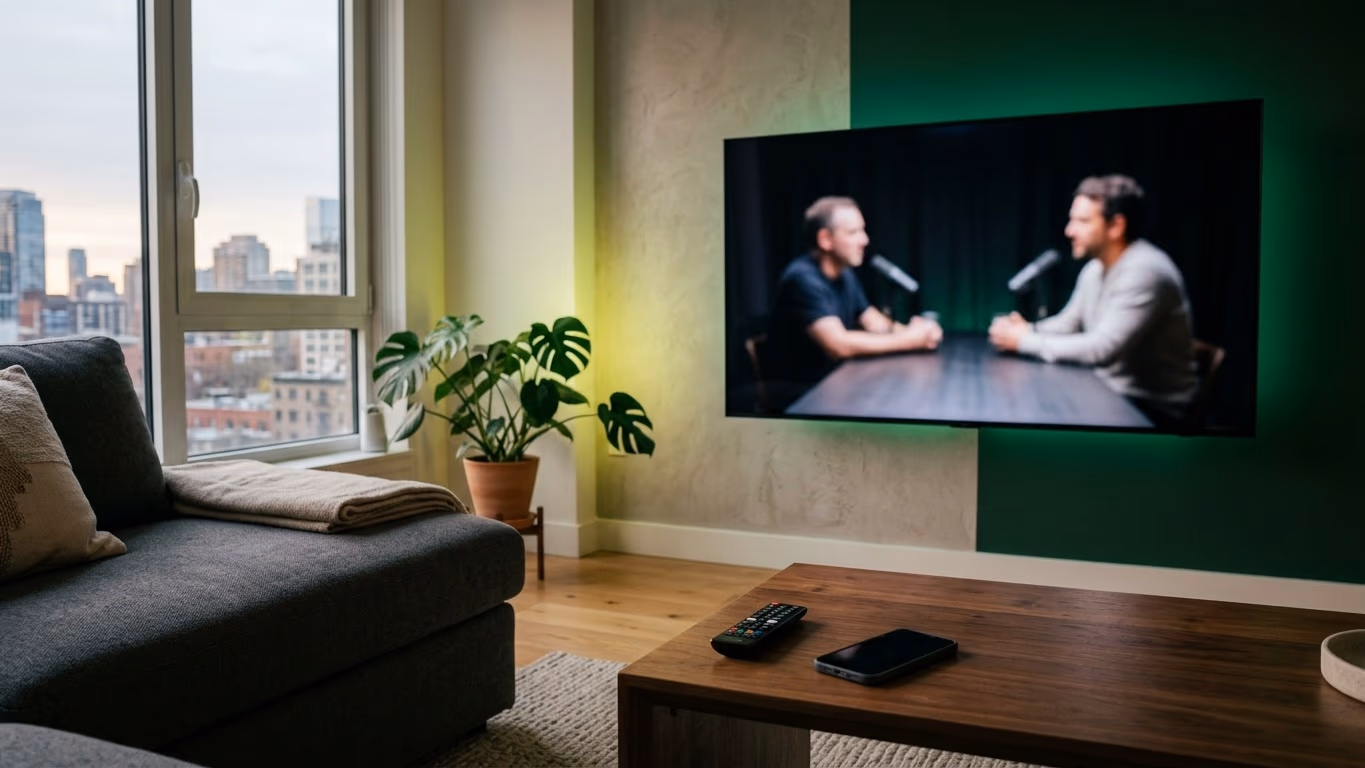 Salon moderne où un écran mural diffuse un entretien filmé flou, télécommande et smartphone sur la table basse, mur vert