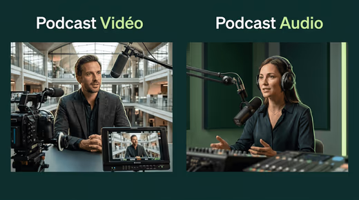 Visuel « Podcast Vidéo » et « Podcast Audio » : un homme filmé par une caméra, une femme au casque parlant au micro