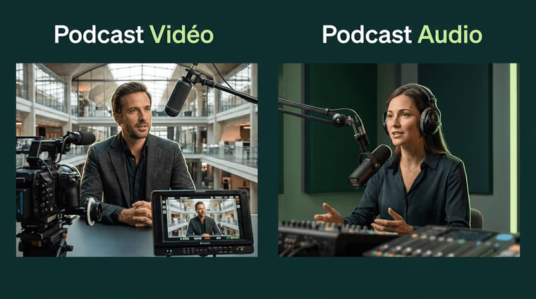 Comparaison titrée Podcast Vidéo et Podcast Audio : un dirigeant face caméra, une intervenante au micro et au casque