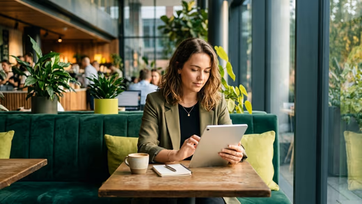 Jeune femme en blazer kaki consultant une tablette dans un café, sur une banquette vert profond à coussins vert citron