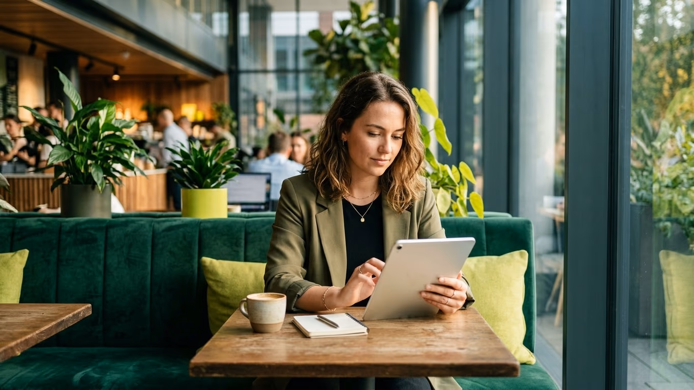 Jeune femme en blazer kaki consultant une tablette dans un café, sur une banquette vert profond à coussins vert citron