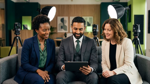 Trois professionnels souriants assis sur un canapé de plateau regardent une tablette, caméras PTZ en arrière-plan
