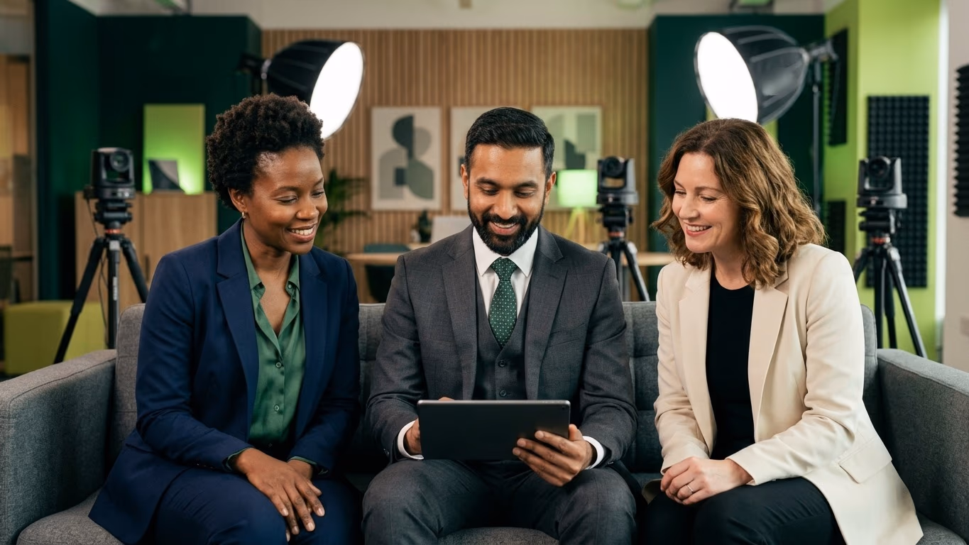 Trois professionnels souriants assis sur un canapé de plateau regardent une tablette, caméras PTZ en arrière-plan