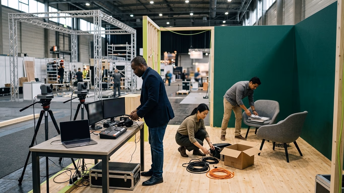 Stand en montage dans un hall de salon : régie vidéo, deux caméras PTZ et trois personnes qui s'installent