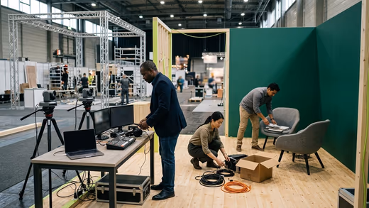 Stand en montage dans un hall de salon : régie vidéo, deux caméras PTZ et trois personnes qui s'installent