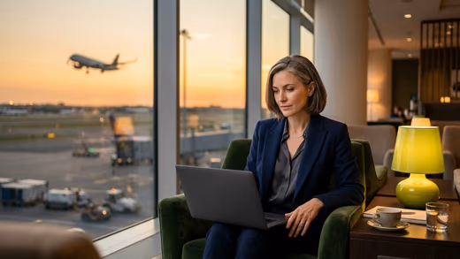 Cadre en tailleur sombre devant son ordinateur portable dans un salon d’aéroport au coucher du soleil, lampe vert citron
