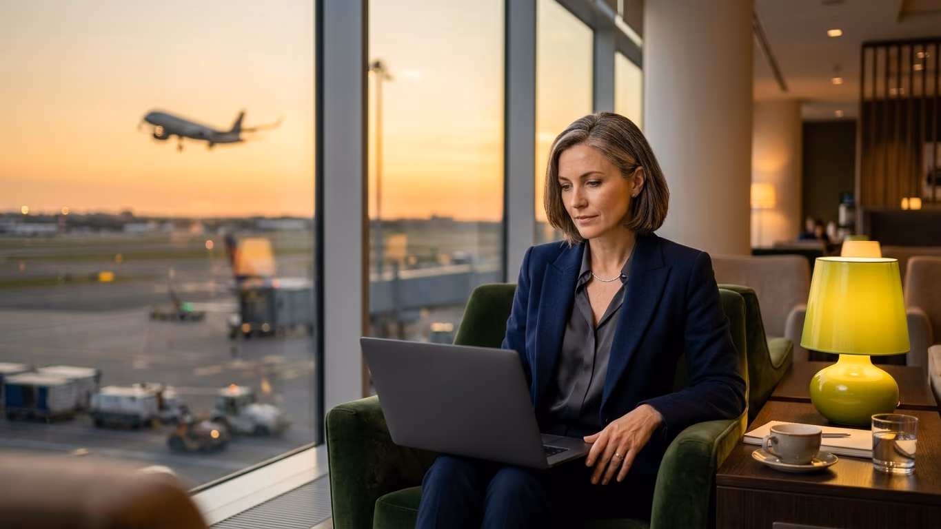 Cadre en tailleur sombre devant son ordinateur portable dans un salon d’aéroport au coucher du soleil, lampe vert citron