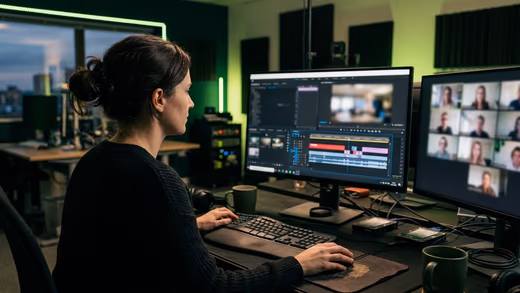Monteuse en pull noir devant une timeline vidéo, second écran avec une grille de visages de webinaire, néons verts