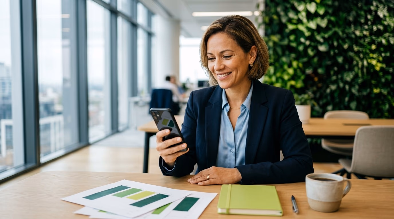 Une femme souriante en blazer marine consulte son smartphone près de graphiques verts imprimés et d'un carnet citron