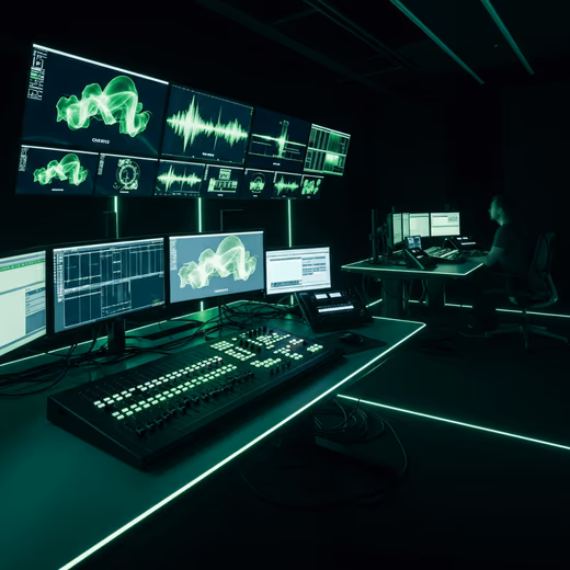 Régie de production baignée de lumière verte, avec console de mixage, mur d’écrans et un technicien au travail